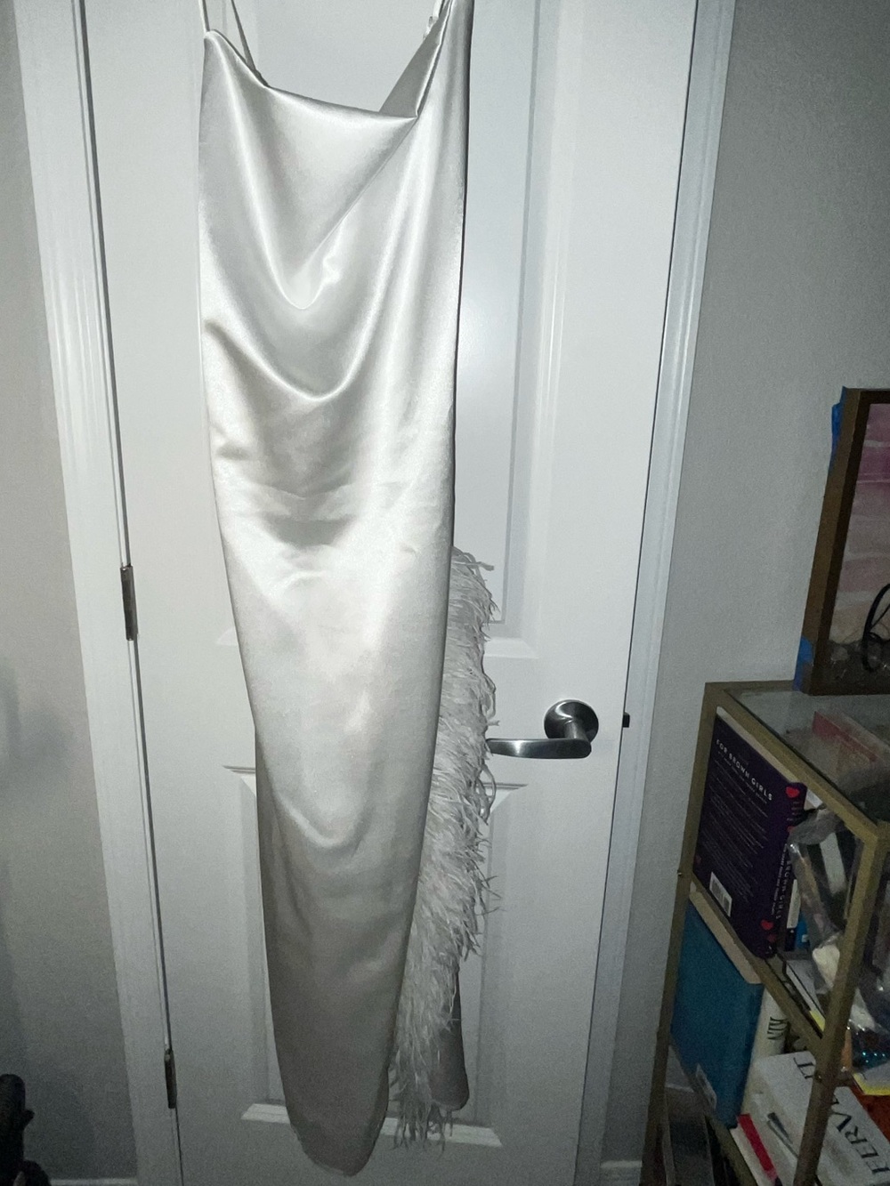 Silk Satin Cowl Maxi Dress with Feather Trim - White